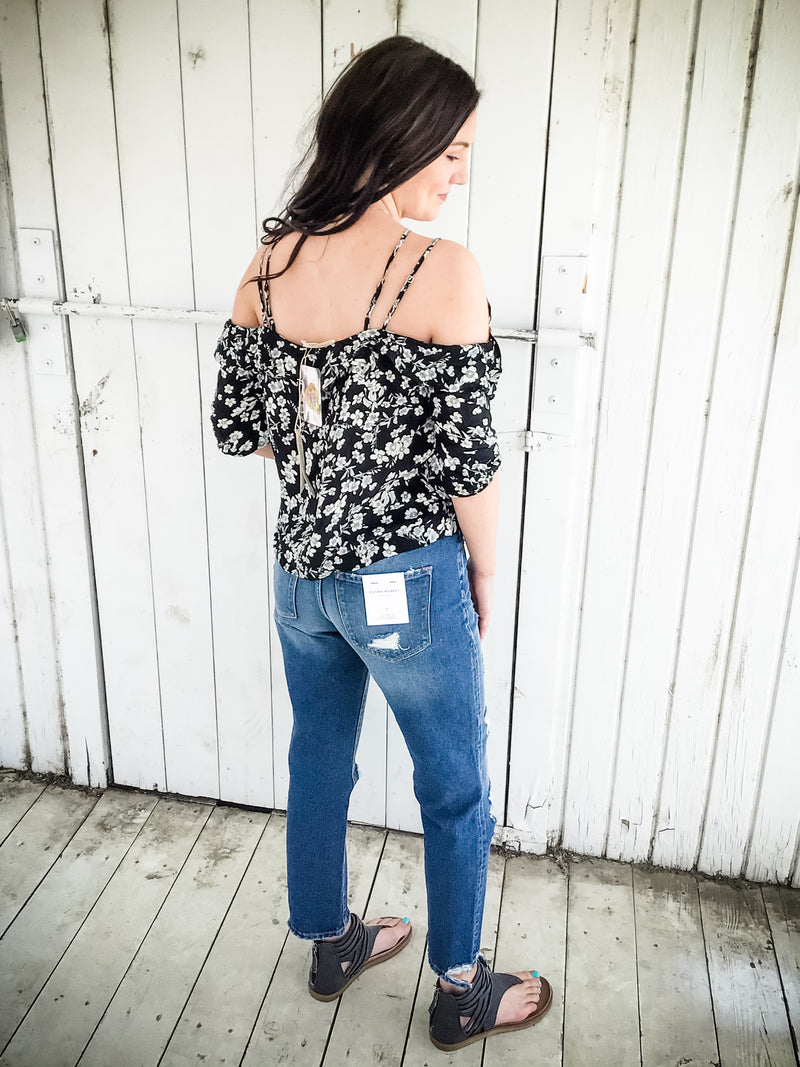 Dobby Cold Shoulder Ruffle Top