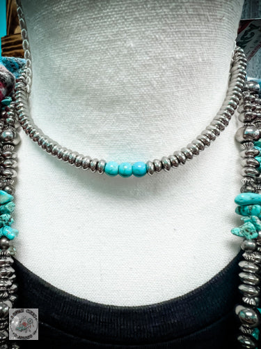 66" Metalic Silver Disc Beaded Necklace w/ Turquoise Chunk..Accent