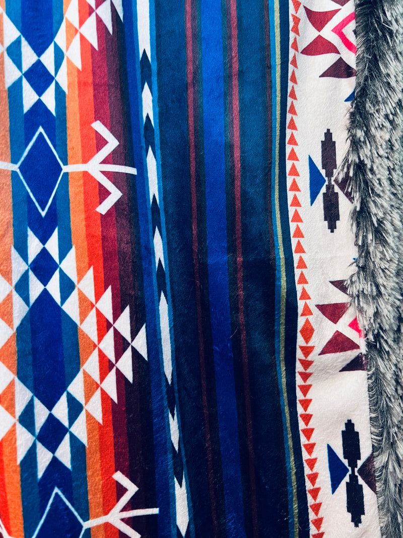 Vibrant Faux Fur Navy Southwest Aztec Blanket - Adult